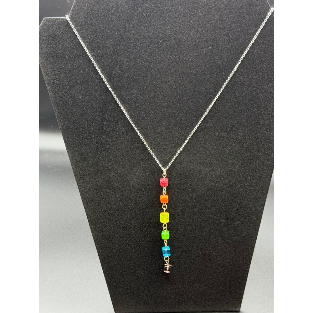 Rainbow Bead Drop Necklace Silver Tone Lobster Clasp Pride Jewelry 17 Inch